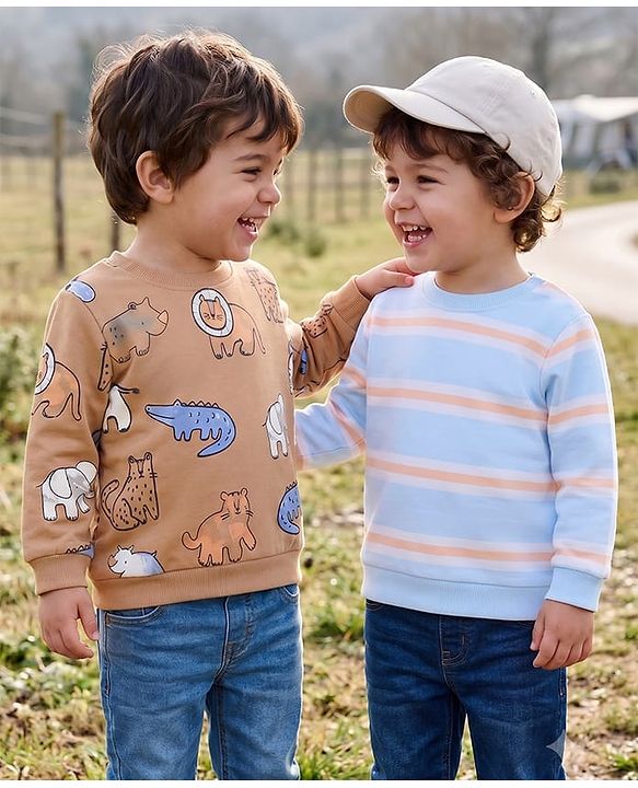 Babyhug 100% Cotton Terry Knit Striped Sweatshirts with Full Sleeves & Animal Print Pack of 2 - Light Blue & Brown