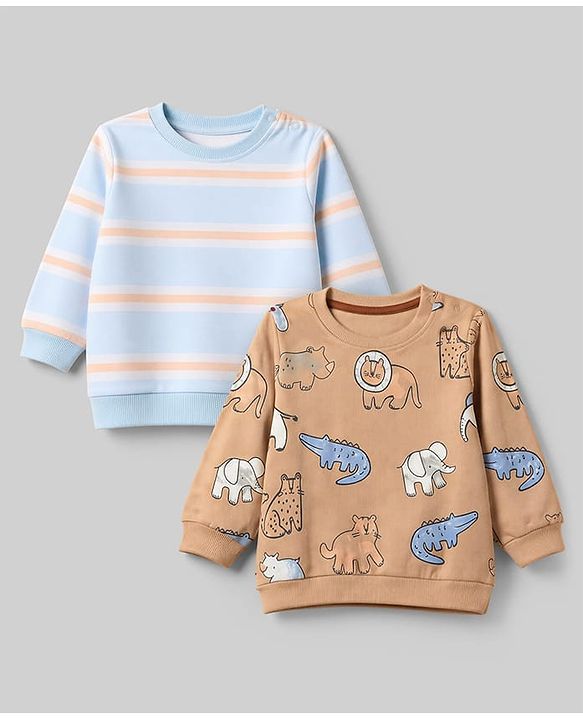 Babyhug 100% Cotton Terry Knit Striped Sweatshirts with Full Sleeves & Animal Print Pack of 2 - Light Blue & Brown