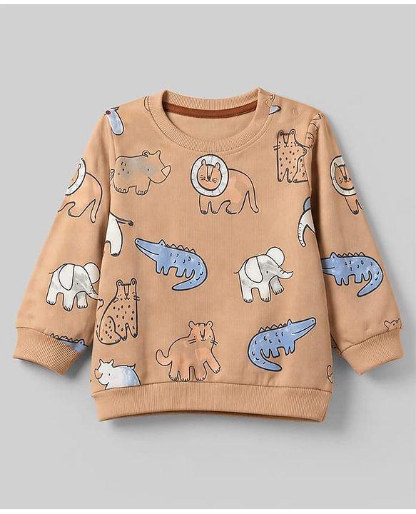 Babyhug 100% Cotton Terry Knit Striped Sweatshirts with Full Sleeves & Animal Print Pack of 2 - Light Blue & Brown
