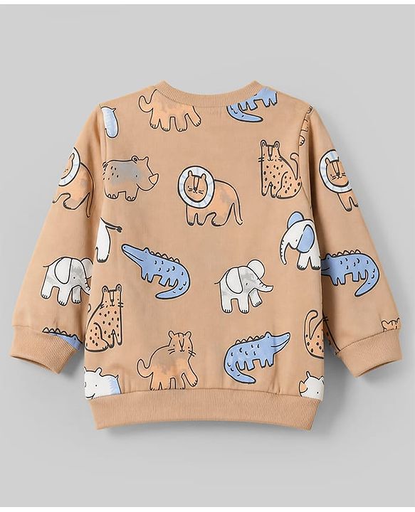 Babyhug 100% Cotton Terry Knit Striped Sweatshirts with Full Sleeves & Animal Print Pack of 2 - Light Blue & Brown