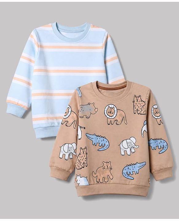 Babyhug 100% Cotton Terry Knit Striped Sweatshirts with Full Sleeves & Animal Print Pack of 2 - Light Blue & Brown