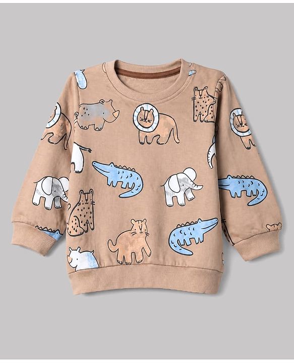 Babyhug 100% Cotton Terry Knit Striped Sweatshirts with Full Sleeves & Animal Print Pack of 2 - Light Blue & Brown