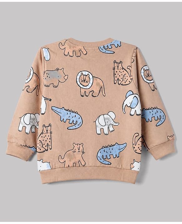Babyhug 100% Cotton Terry Knit Striped Sweatshirts with Full Sleeves & Animal Print Pack of 2 - Light Blue & Brown