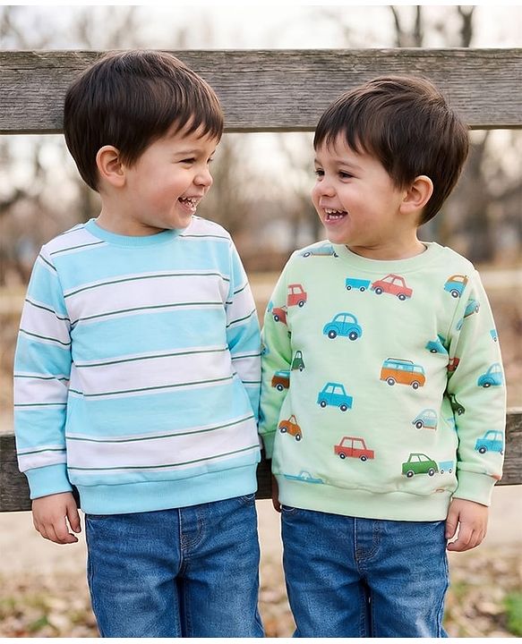 Babyhug 100% Cotton Terry Knit Striped Sweatshirt with Full Sleeves & Cars Print Pack of 2 - Light Blue & Light Green
