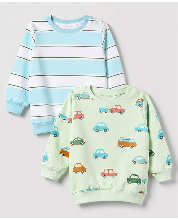 Babyhug 100% Cotton Terry Knit Striped Sweatshirt with Full Sleeves & Cars Print Pack of 2 - Light Blue & Light Green