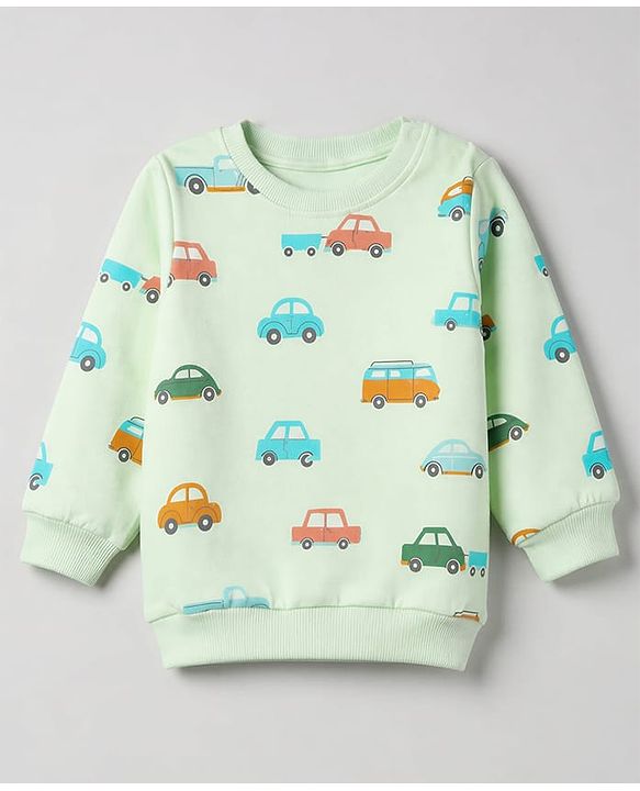 Babyhug 100% Cotton Terry Knit Striped Sweatshirt with Full Sleeves & Cars Print Pack of 2 - Light Blue & Light Green