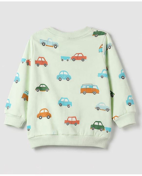 Babyhug 100% Cotton Terry Knit Striped Sweatshirt with Full Sleeves & Cars Print Pack of 2 - Light Blue & Light Green