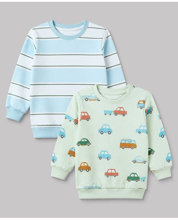 Babyhug 100% Cotton Terry Knit Striped Sweatshirt with Full Sleeves & Cars Print Pack of 2 - Light Blue & Light Green
