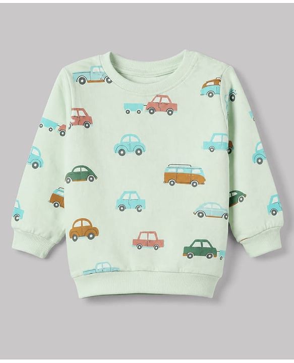 Babyhug 100% Cotton Terry Knit Striped Sweatshirt with Full Sleeves & Cars Print Pack of 2 - Light Blue & Light Green