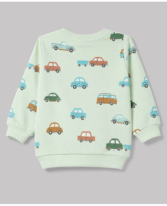Babyhug 100% Cotton Terry Knit Striped Sweatshirt with Full Sleeves & Cars Print Pack of 2 - Light Blue & Light Green