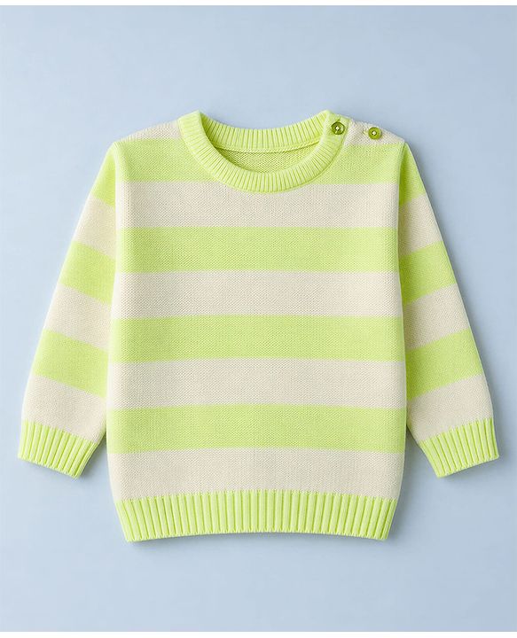 Babyhug Knit Full Sleeves Striped Sweater Set - Lime Green