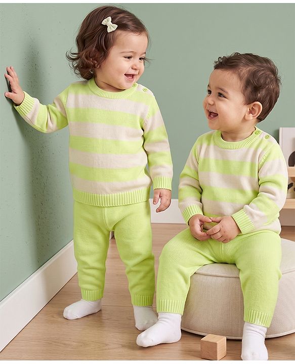 Babyhug Knit Full Sleeves Striped Sweater Set - Lime Green