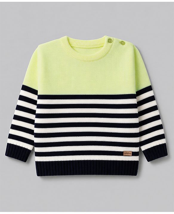 Babyhug Knit Full Sleeves Sweater Set With Stripes - Limegreen
