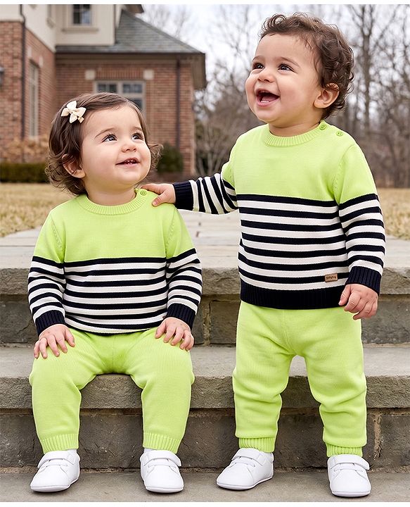 Babyhug Knit Full Sleeves Sweater Set With Stripes - Limegreen