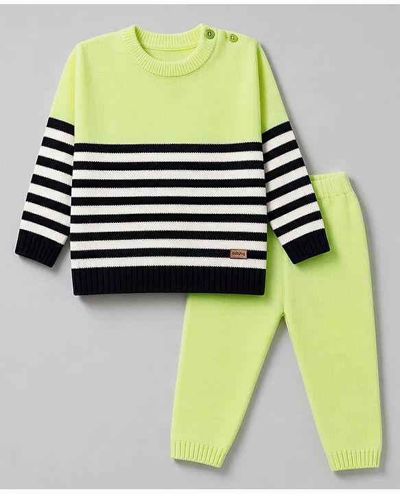 Babyhug Knit Full Sleeves Sweater Set With Stripes - Limegreen
