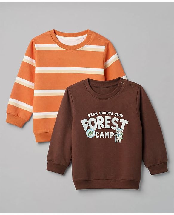 Babyhug 100% Cotton Terry Knit Sweatshirts with Full Sleeves and Bear Print in Pack of 2 in Brown & Orange