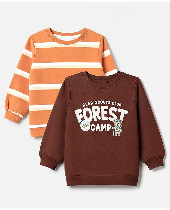 Babyhug 100% Cotton Terry Knit Sweatshirts with Full Sleeves and Bear Print in Pack of 2 in Brown & Orange