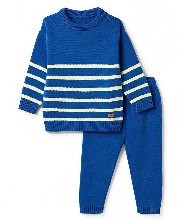 Babyhug Knit Full Sleeves Striped Sweater Set - Blue