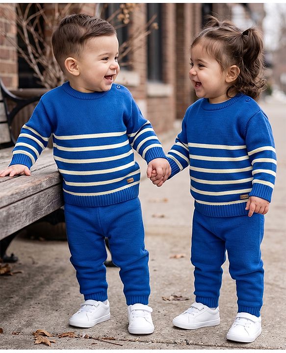 Babyhug Knit Full Sleeves Striped Sweater Set - Blue