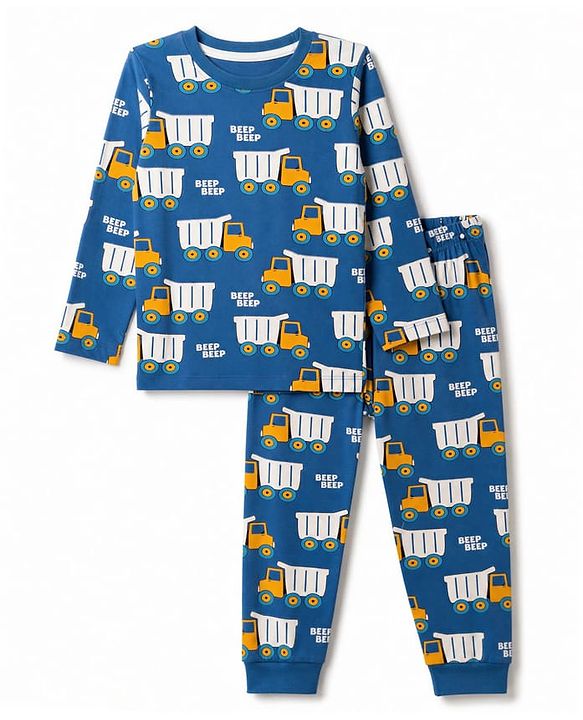 Babyhug 100% Cotton Knit Full Sleeves Co-Ords T-Shirt & Pyjama Night Suit with Truck Print - Navy Blue