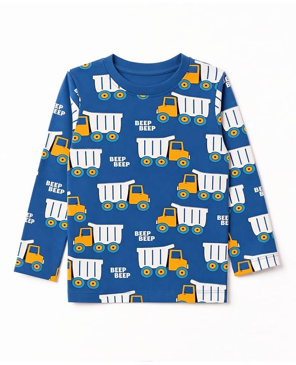 Babyhug 100% Cotton Knit Full Sleeves Co-Ords T-Shirt & Pyjama Night Suit with Truck Print - Navy Blue