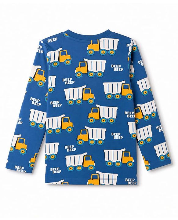 Babyhug 100% Cotton Knit Full Sleeves Co-Ords T-Shirt & Pyjama Night Suit with Truck Print - Navy Blue