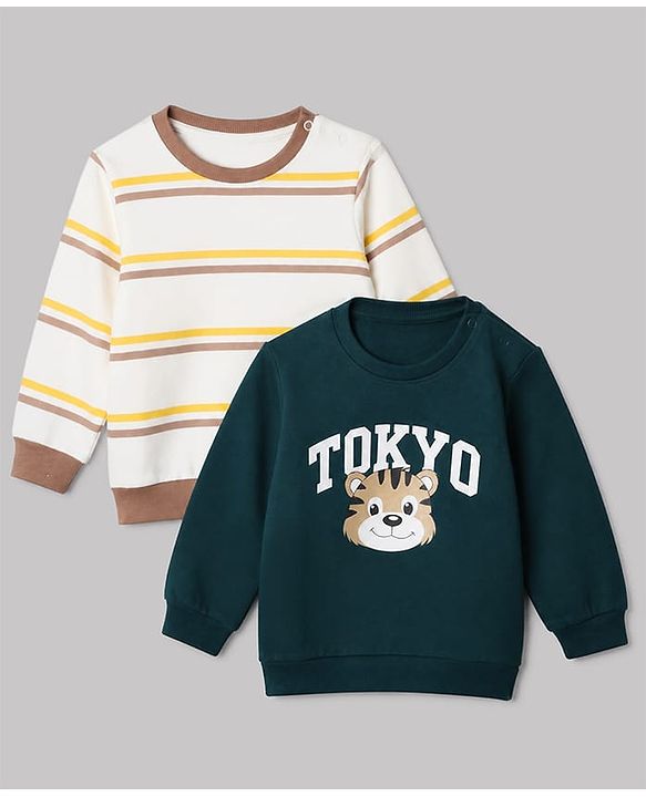 Babyhug 100% Cotton Heavy Gauge Terry Knit Striped Sweatshirts With Full Sleeves and Tiger Print Pack of 2 - Dark Green & Beige