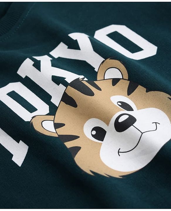 Babyhug 100% Cotton Heavy Gauge Terry Knit Striped Sweatshirts With Full Sleeves and Tiger Print Pack of 2 - Dark Green & Beige