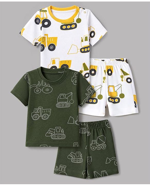 Babyhug 100% Cotton Knit Half Sleeves Co-Ords T-Shirt & Shorts Night Suit with Vehicle Print Pack of 2 - Green & White