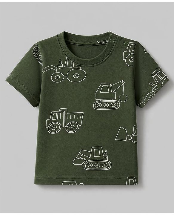 Babyhug 100% Cotton Knit Half Sleeves Co-Ords T-Shirt & Shorts Night Suit with Vehicle Print Pack of 2 - Green & White