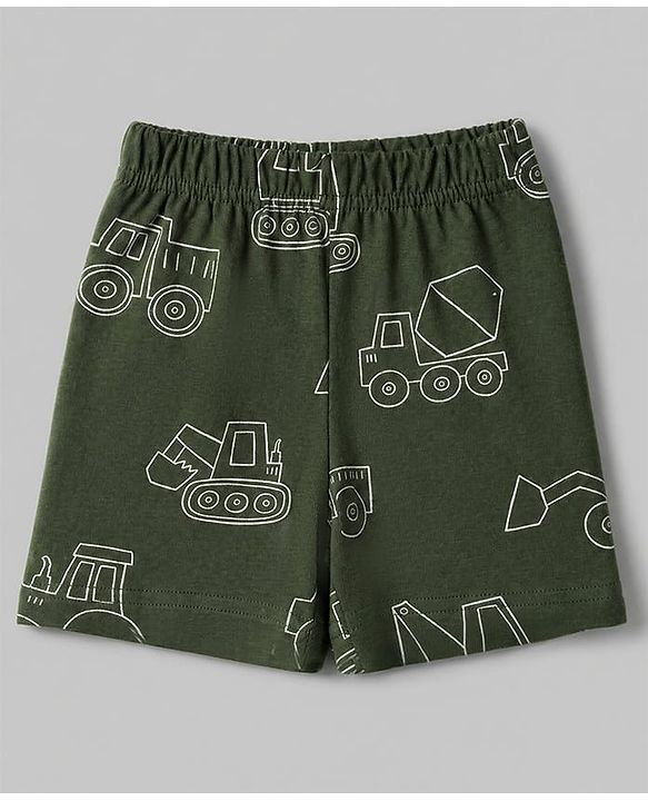 Babyhug 100% Cotton Knit Half Sleeves Co-Ords T-Shirt & Shorts Night Suit with Vehicle Print Pack of 2 - Green & White