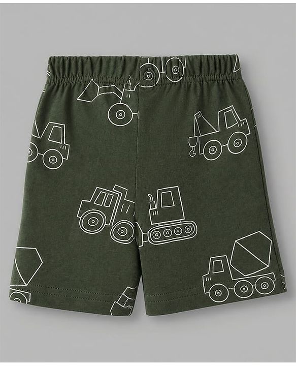 Babyhug 100% Cotton Knit Half Sleeves Co-Ords T-Shirt & Shorts Night Suit with Vehicle Print Pack of 2 - Green & White