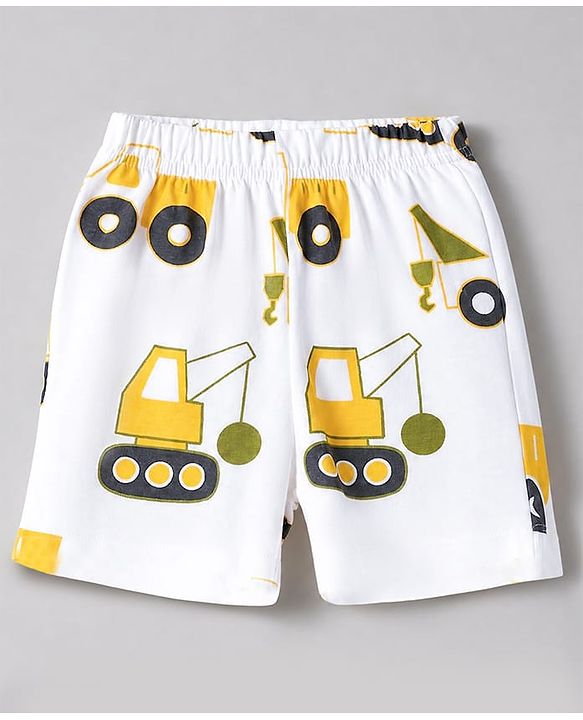 Babyhug 100% Cotton Knit Half Sleeves Co-Ords T-Shirt & Shorts Night Suit with Vehicle Print Pack of 2 - Green & White