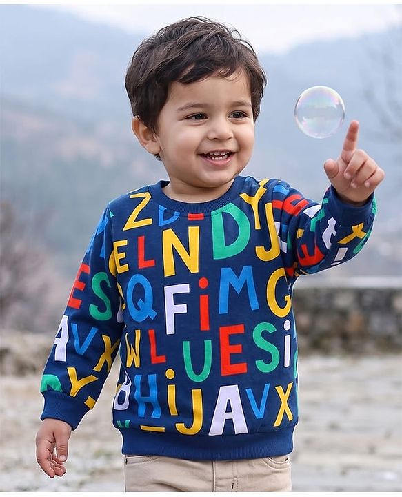 Babyhug 100% Cotton Terry Knit Sweatshirt with Full Sleeves and Alphabet Print - Navy Blue