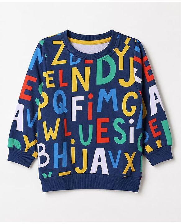 Babyhug 100% Cotton Terry Knit Sweatshirt with Full Sleeves and Alphabet Print - Navy Blue