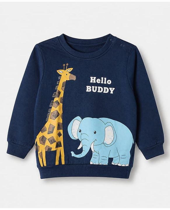 Babyhug 100% Cotton Terry Knit Full Sleeves Sweatshirt with Giraffe & Elephant Print in Blue