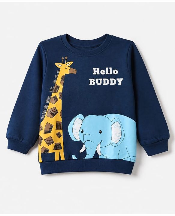 Babyhug 100% Cotton Terry Knit Full Sleeves Sweatshirt with Giraffe & Elephant Print in Blue