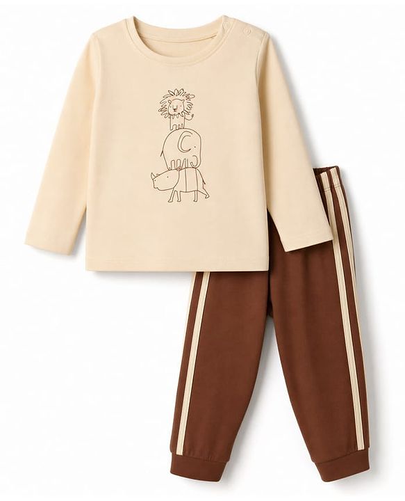 Babyhug 100% Cotton Knit Full Sleeves T-Shirt & Pyjama Night Suit with Animal Print - Brown