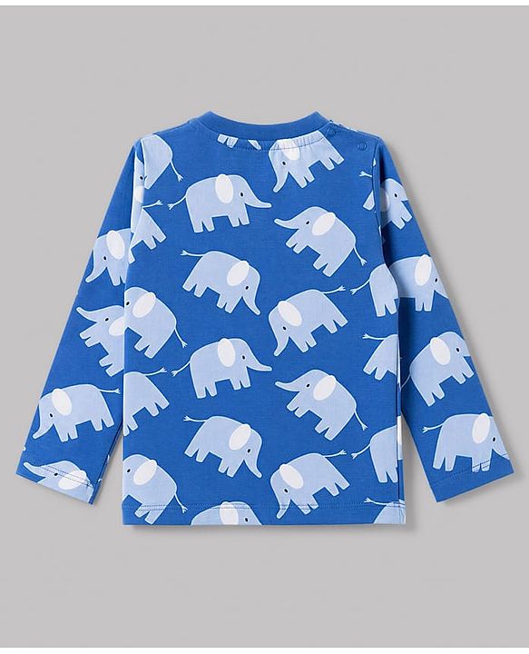 Babyhug 100% Cotton Knit Full Sleeves Co-Ords T-Shirt & Pyjama Night Suit with Elephant Print - Blue