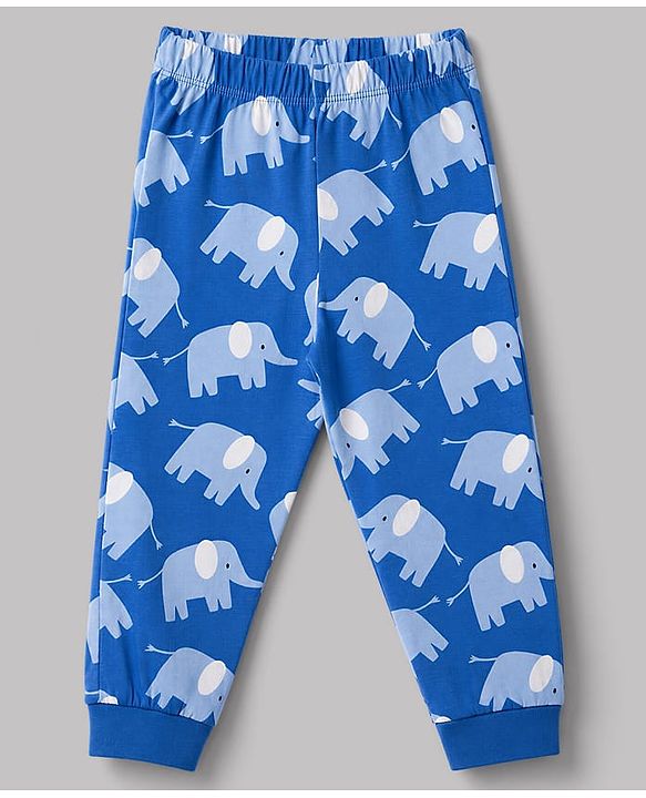 Babyhug 100% Cotton Knit Full Sleeves Co-Ords T-Shirt & Pyjama Night Suit with Elephant Print - Blue