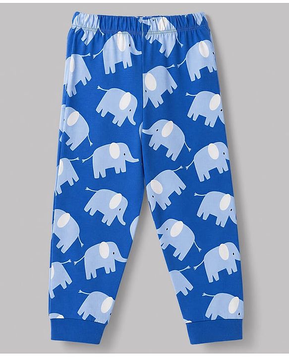Babyhug 100% Cotton Knit Full Sleeves Co-Ords T-Shirt & Pyjama Night Suit with Elephant Print - Blue