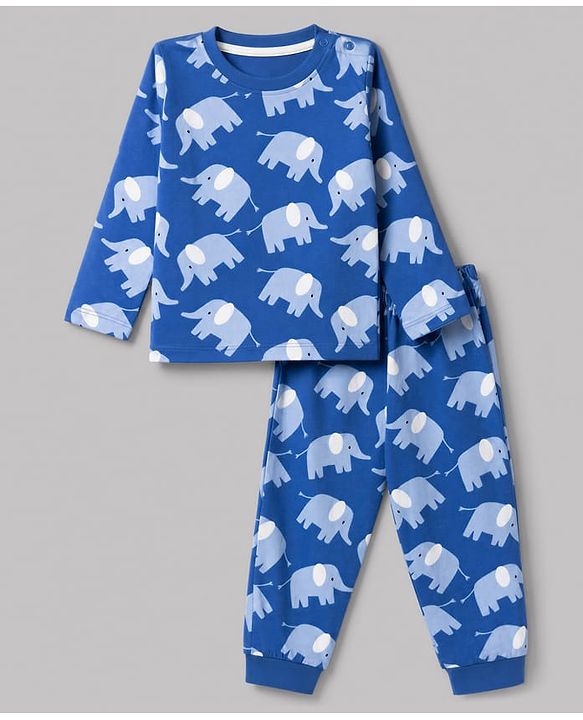 Babyhug 100% Cotton Knit Full Sleeves Co-Ords T-Shirt & Pyjama Night Suit with Elephant Print - Blue
