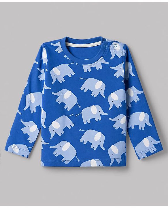 Babyhug 100% Cotton Knit Full Sleeves Co-Ords T-Shirt & Pyjama Night Suit with Elephant Print - Blue
