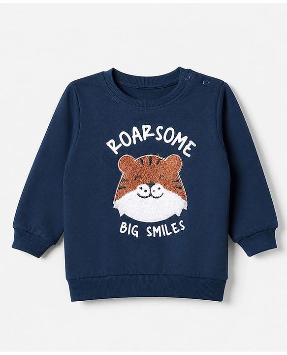 Babyhug 100% Cotton Terry Sweatshirt with Full Sleeves and Tiger Applique in Navy Blue for 6-9 Months