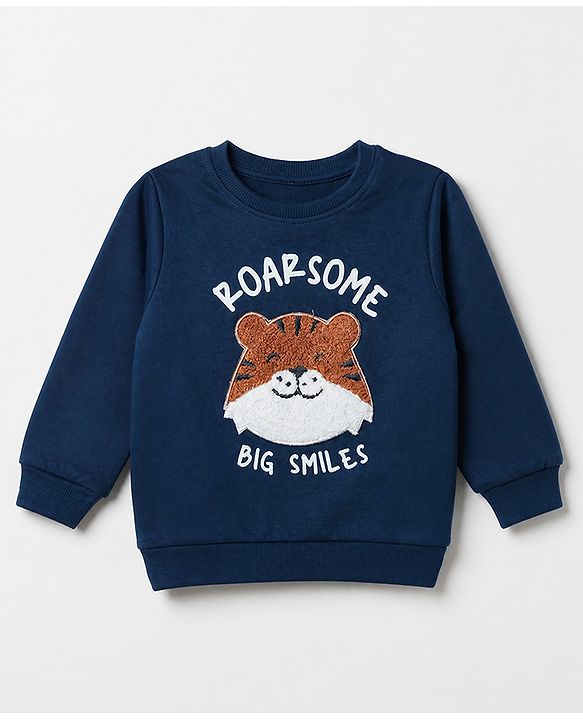 Babyhug 100% Cotton Terry Sweatshirt with Full Sleeves and Tiger Applique in Navy Blue for 6-9 Months