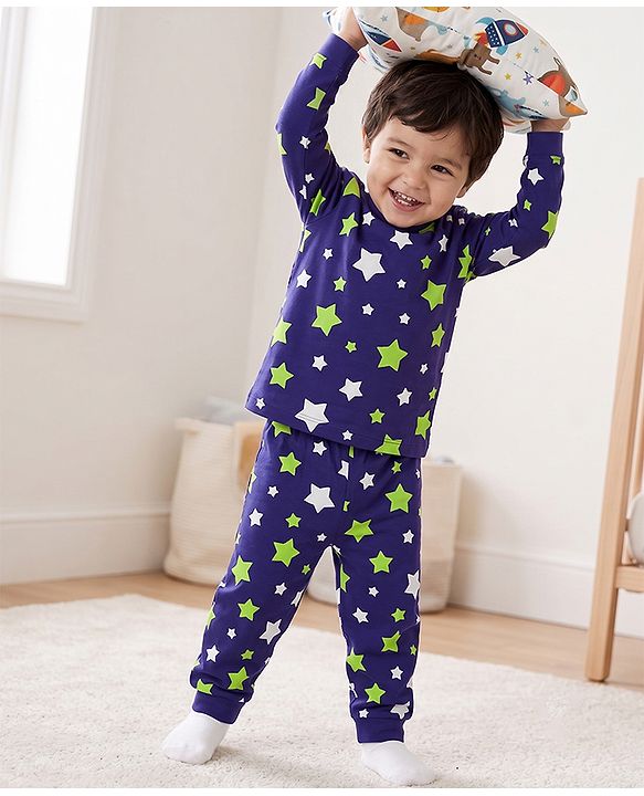 Babyhug 100% Cotton Knit Full Sleeves Co-Ords T-Shirt & Pyjama NIght Suit with Star Print - Purple