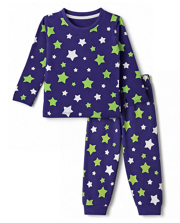 Babyhug 100% Cotton Knit Full Sleeves Co-Ords T-Shirt & Pyjama NIght Suit with Star Print - Purple