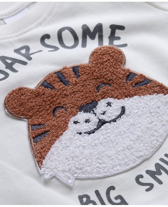 Babyhug 100% Cotton Terry Knit Sweatshirt with Full Sleeves and Tiger Applique in Offwhite
