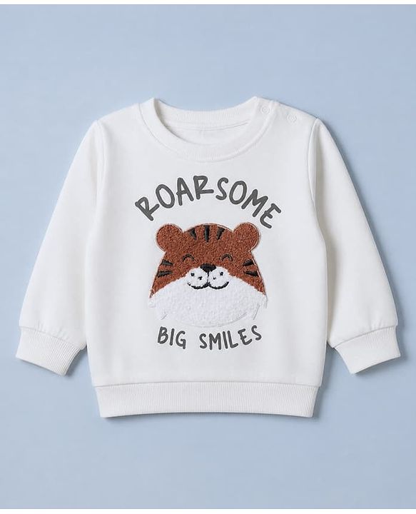 Babyhug 100% Cotton Terry Knit Sweatshirt with Full Sleeves and Tiger Applique in Offwhite