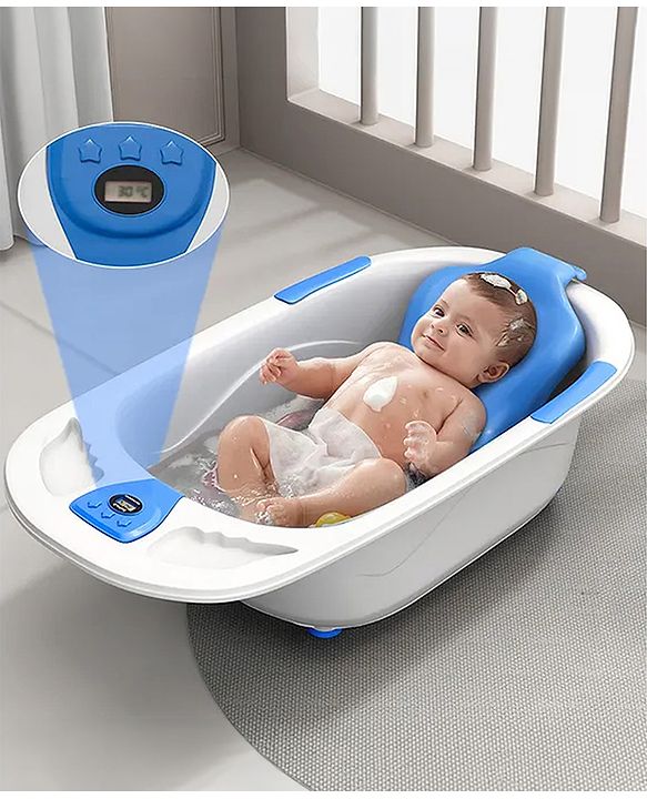 Babyhug Baby Bath Tub with Bath Rack & Temperature Sensor - White Blue| Detachable Bather Support| Anti-Slip Base| Suitable for 0 to 3 Years| Drain Plug